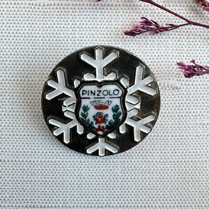 Vintage Pinzolo Italy Souvenir Brooch 1920s Silvertone Metal Enamel Snowflake